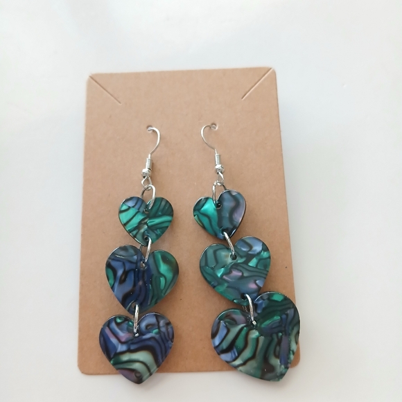 Fashion Jewelry Silver and Blue-Green Heart Earrings - Picture 2 of 3